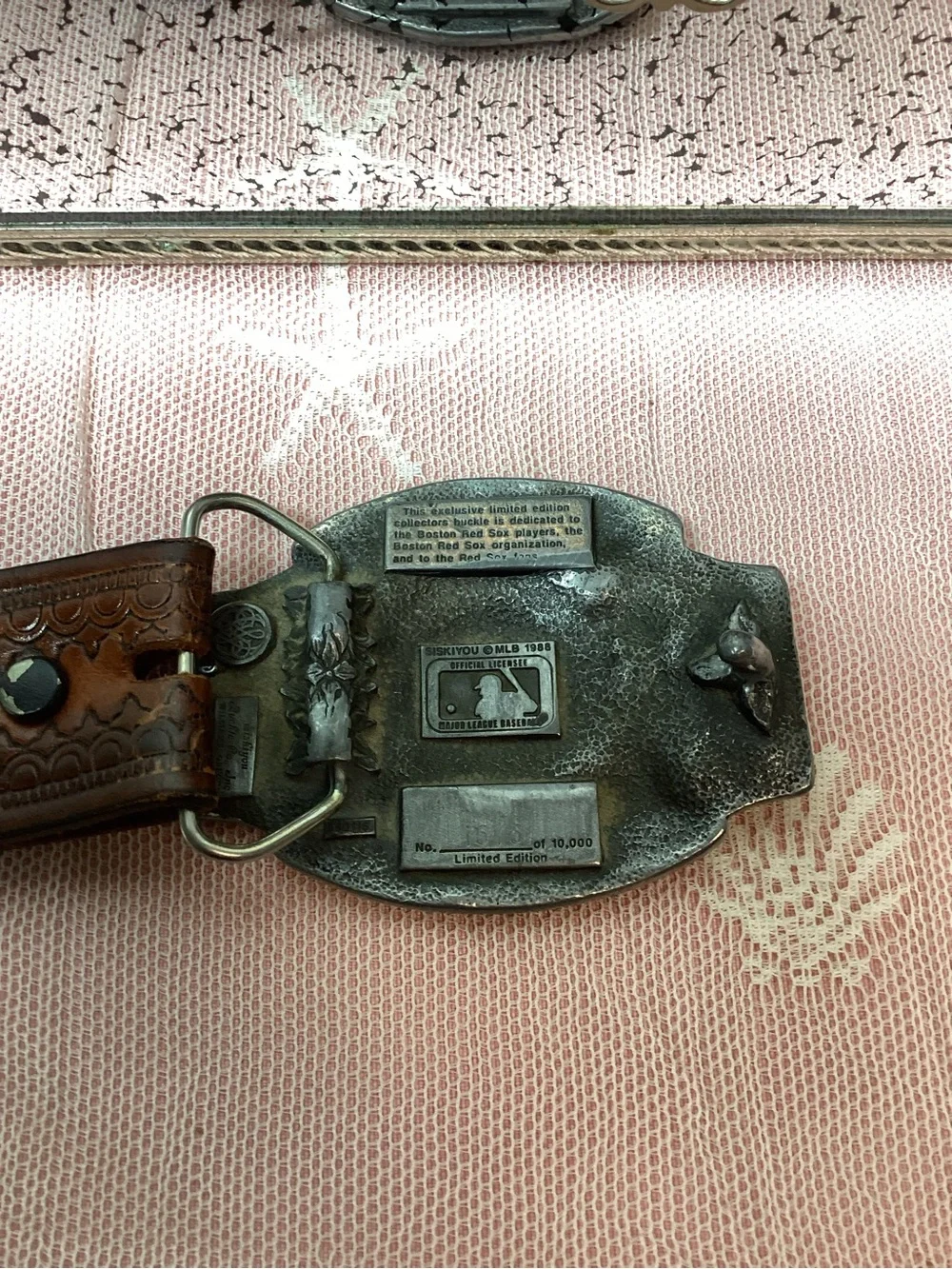 Vintage 1988 Boston Red Socks Belt Buckle with Full Grain Leather Belt; Size: 36